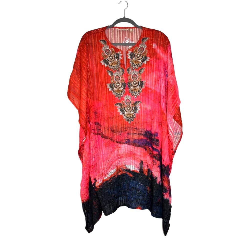 Soft Surroundings Size S/M Petite Red Tunic Top Swim Coverup Embellished Beads